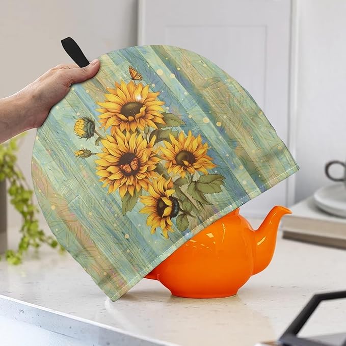 Hudotybom Wood Sunflower Tea Cozy for Teapot Insulated Large Teapot Cover to Keep Warm Tea Kettle Cover Machine Washable Coffee Pot Cloth Covers Kitchen Home Decorations for Housewife Mom