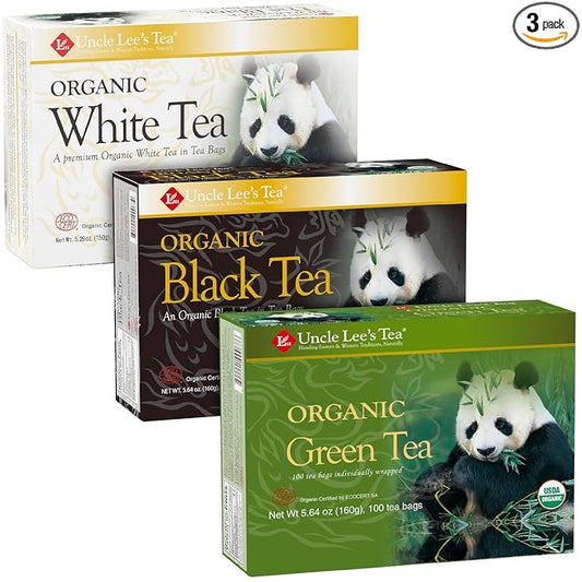 Uncle Lee's Organic White, Black, and Green Tea Variety 3-Pack ??Premium Organic Tea, Smooth, Bold, and Refreshing, Delicious Hot or Iced, 100 Count Ea