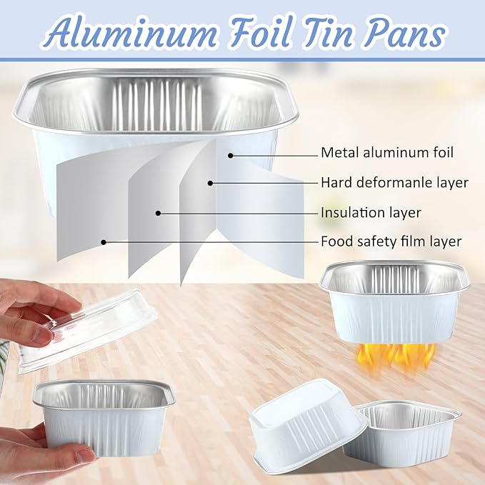 Aoriher 150 Pieces 10 oz Mini Cake Pans with Lids Aluminum Foil Baking Cups Square Disposable 4" x 4" Large Cupcake Cups Baking Tins for Kitchen Brownie Pudding Desserts Holders(White)