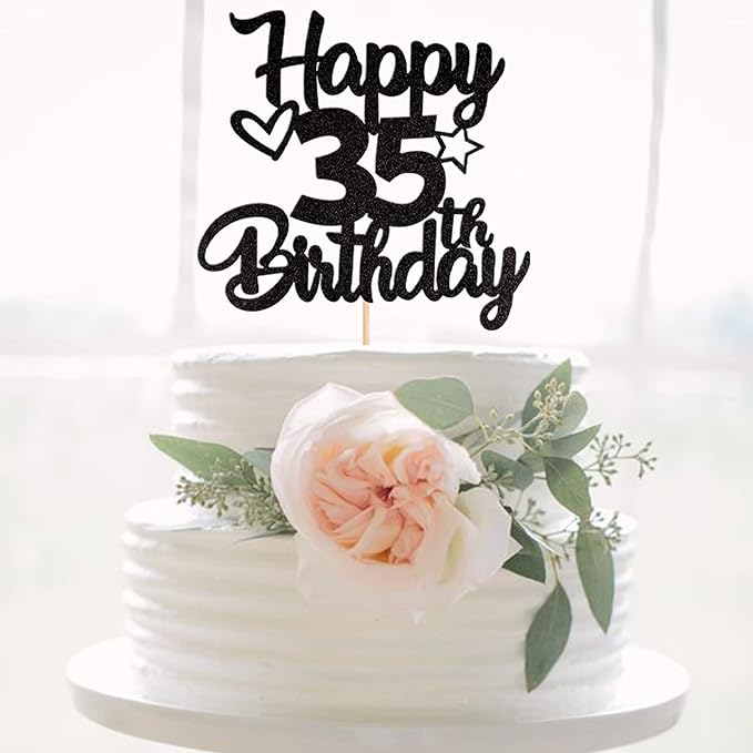 1 Pack Happy 35th Birthday Cake Topper Glitter Heart Star 35 Fabulous Cake Pick Birthday Sign Cake Decorations for Children 35th Birthday Theme Party Supplies Black