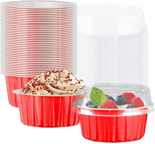 Lainrrew 50 Pack Red Aluminum Foil Baking Cups with Lids, Disposable, Everyday Baking, Birthday, Wedding, Christmas