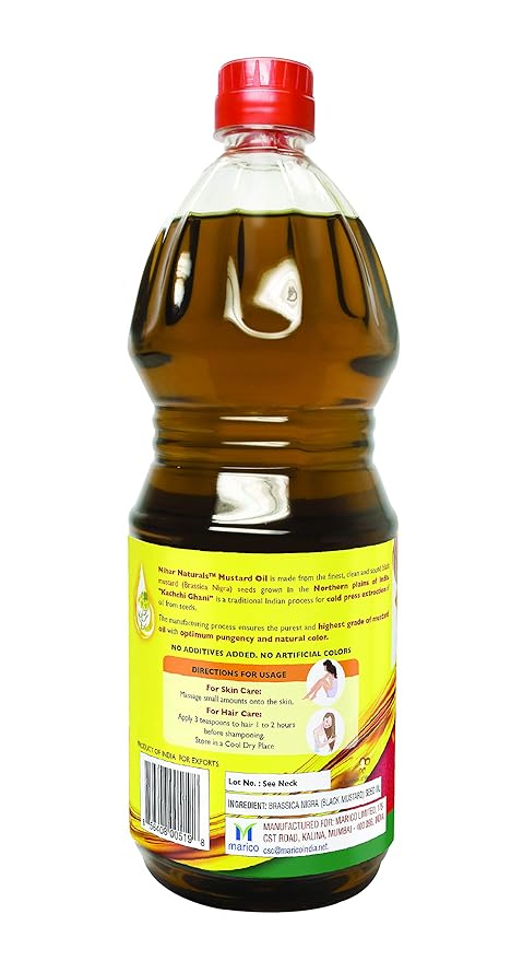 Nihar Naturals Kacchi Ghani Mustard Oil| Cold Pressed| 100% Pure Mustard Oil| For Skin, Hair Care & Body Massage| Enriched with Omega 3 & Natural Anti-Oxidants| Unrefined Mustard Oil| 33 Fl.oz
