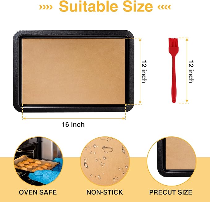 200 PCS Parchment Paper Sheets - OAMCEG 12x16 Inch Unbleached Pre-Cut Parchment Paper, No Chemical Non-Stick with a Silicone Brush, for Baking Grilling Bread Cup Cake Cookie