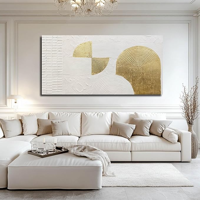 VAYIMDH Geometric Canvas Wall Paintings White and Gold Wall Art Contemporary Wall Decor 29"x58" Large Canvas Wall Art for Living Room Kitchen Artwork