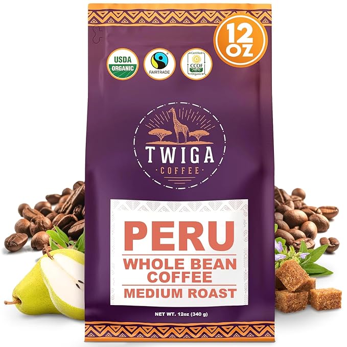 Twiga Coffee Peruvian Coffee Beans ??Medium Roast Arabica Whole Beans with Brown Sugar, Pear & Sage Flavor Notes, Single Origin Freshly Roasted for a Smooth, Flavorful Cup, 12 oz