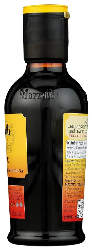 Mazzetti Habanero Balsamic Vinegar Glaze of Modena PGI | Thick & Rich | Perfect for Soups, Platters, & Meat | 7.3 Ounce Bottle (Pack of 1)