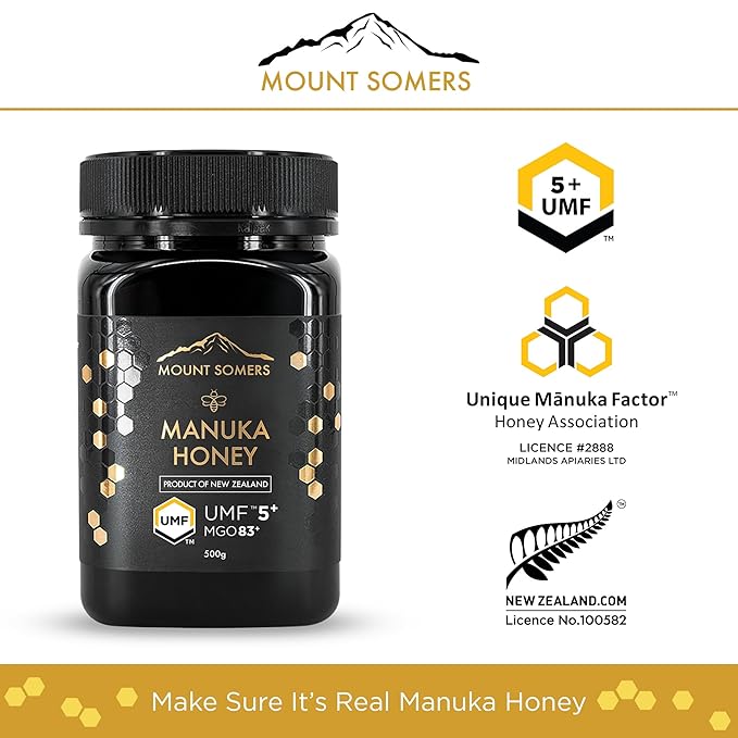 Mount Somers 100% Pure Premium Raw Manuka Honey - UMF 5+ / MGO 83+ 17.6oz (500g) Jar, Non GMO New Zealand Manuka Honey, Genuine Natural Superfood, Great Taste, UMF Certified