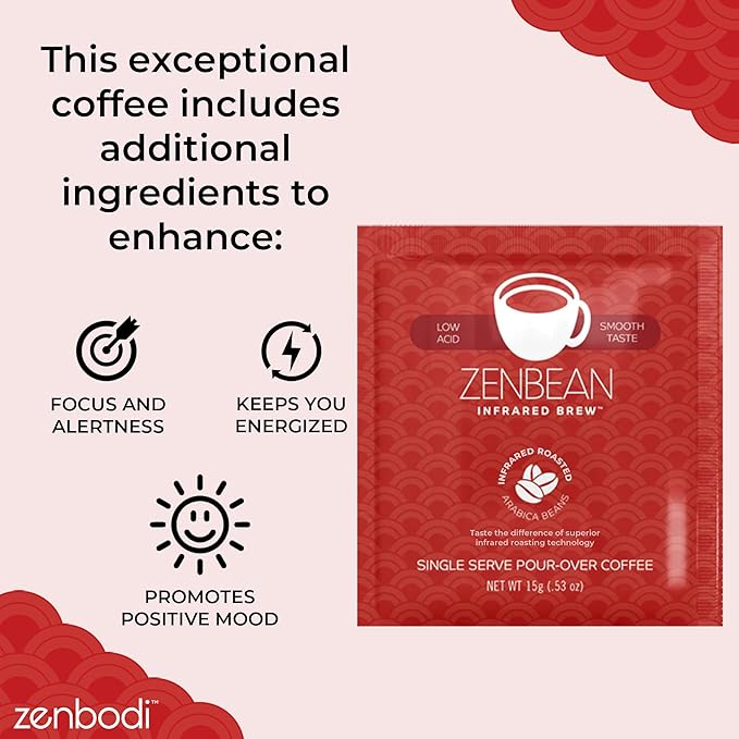 Zenbean Infrared Coffee Brew Travel Pack - 10 Servings, Single-Serve Pour-Over Drink, Low Acid Coffee with Balanced Flavor, Infrared Roasted Arabica Beans