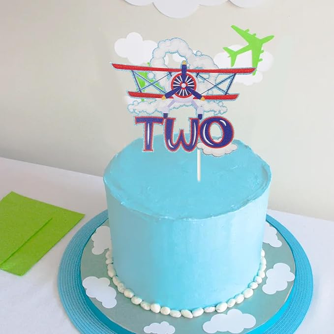 Two Airplane Cake Topper, Aircraft 2nd Birthday Party Supplies for Kids Plane Theme Baby Shower, Airplane Aviator Adventure Themed Party Decor