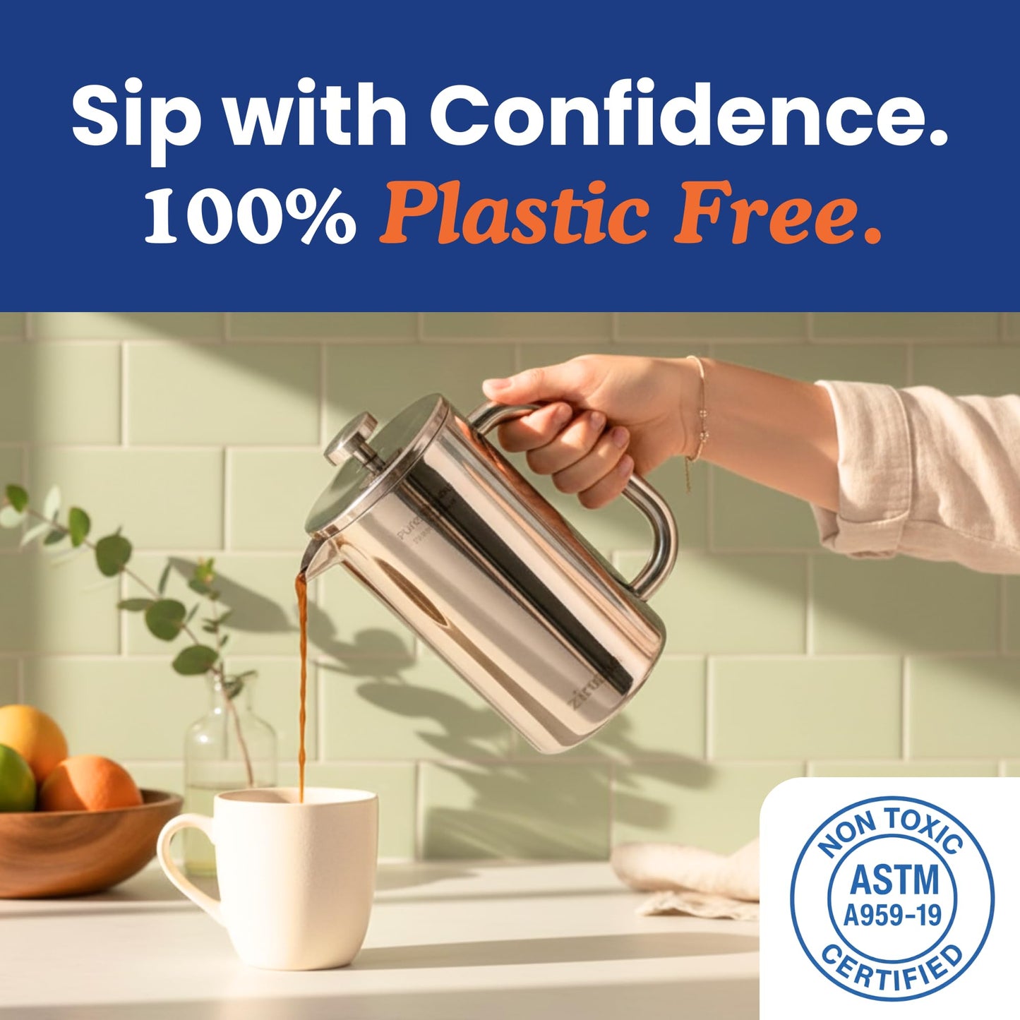 Non-Toxic Stainless Steel French Press, No Plastic or Heavy Metals, 34 oz