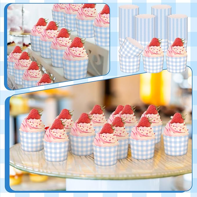 Vesici 150 Pcs Blue Gingham Ice Cream Cups 5oz Dessert Paper Bowls Gingham Scalloped Cupcake Cups Blue Disposable Dessert Bowls for Food Sundae Frozen Yogurt Soup Party Supplies