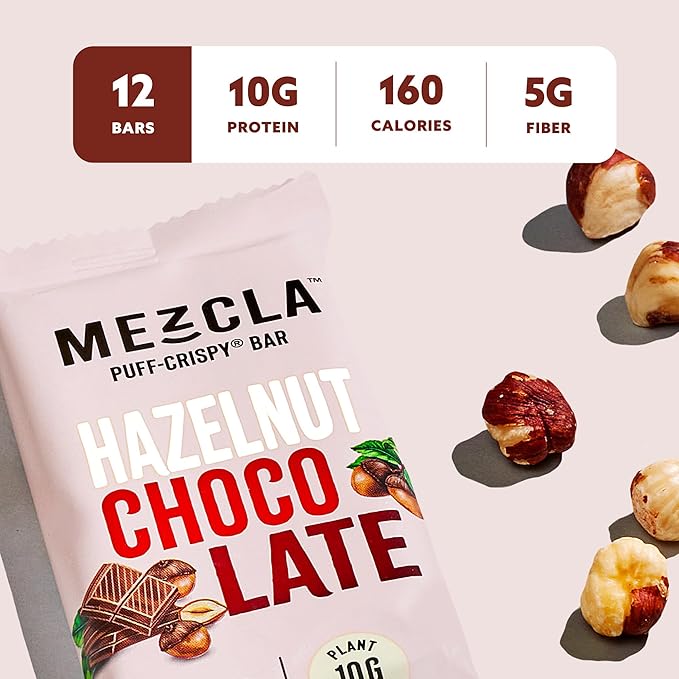 Mezcla Puff Crispy Protein Bars, Gluten Free & Vegan Protein Bars, 10g Protein, Alt for Crispy Rice Treat, Granola Bars & Breakfast Bars, Healthy Snacks for Adults, Hazelnut Chocolate, 12 Pack