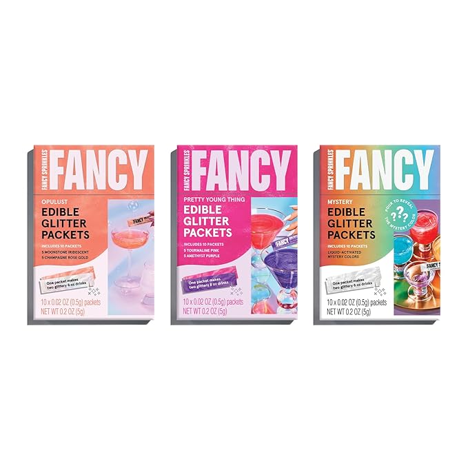 Fancy Sprinkles MVP Set (Opulust, Pretty Young Thing, and Mystery) Edible Glitter Packets Portable & On-The-Go for Sparkling Drinks, Champagne, Cocktails, Wine, Beer, & more. (3 Pack)