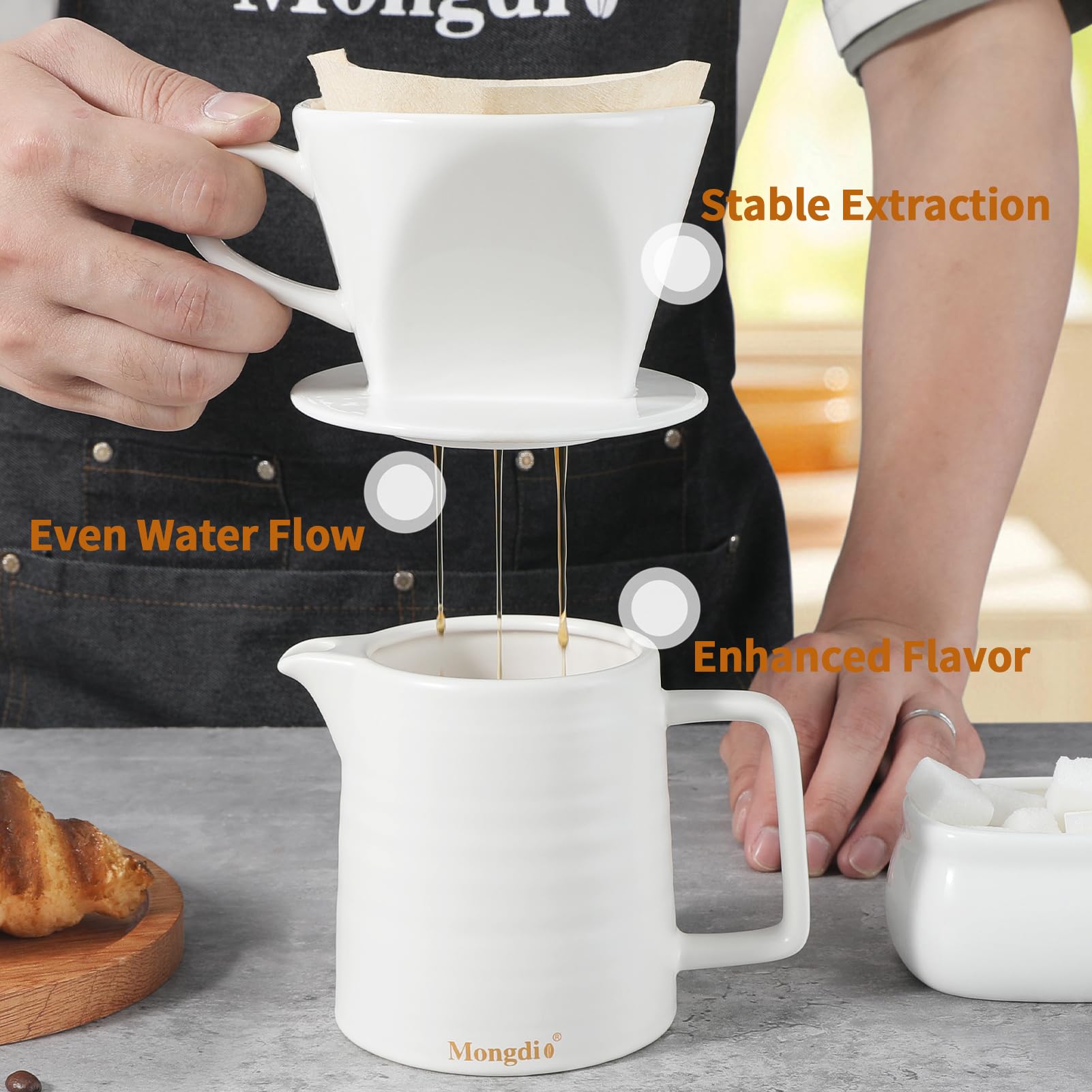 Mongdio Pour Over Coffee Maker, Ceramic Pour Over Dripper, Coffee Pour Over with 3 Holes Flat