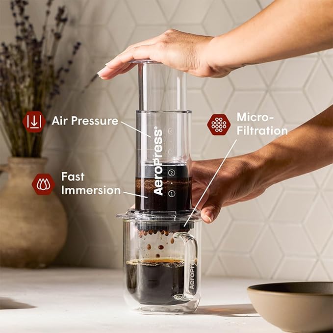 AeroPress Clear Coffee Press – 3 In 1 Brew Method Combines French Press, Pourover, Espresso, Full Bodied Coffee Without Grit or Bitterness, Small Portable Coffee Maker for Camping & Travel, Clear