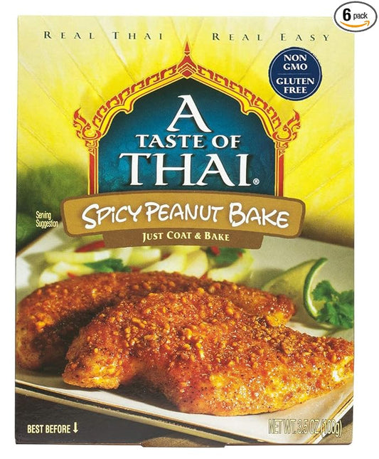 A Taste of Thai Spicy Peanut Bake - 3.5oz Pack of 6 Ready to Use Seasoned Coating | Perfect for Chicken Fish Meat & Vegetables | Gluten-free | Non-GMO | Trans Fat-Free