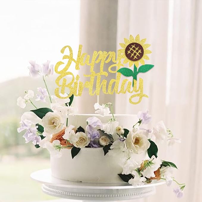 1 Pack Happy Birthday Cake Topper Glitter Sunflower Cake Pick Baby Shower Kids Birthday Summer Baby Shower Cake Decoration Party Supplies
