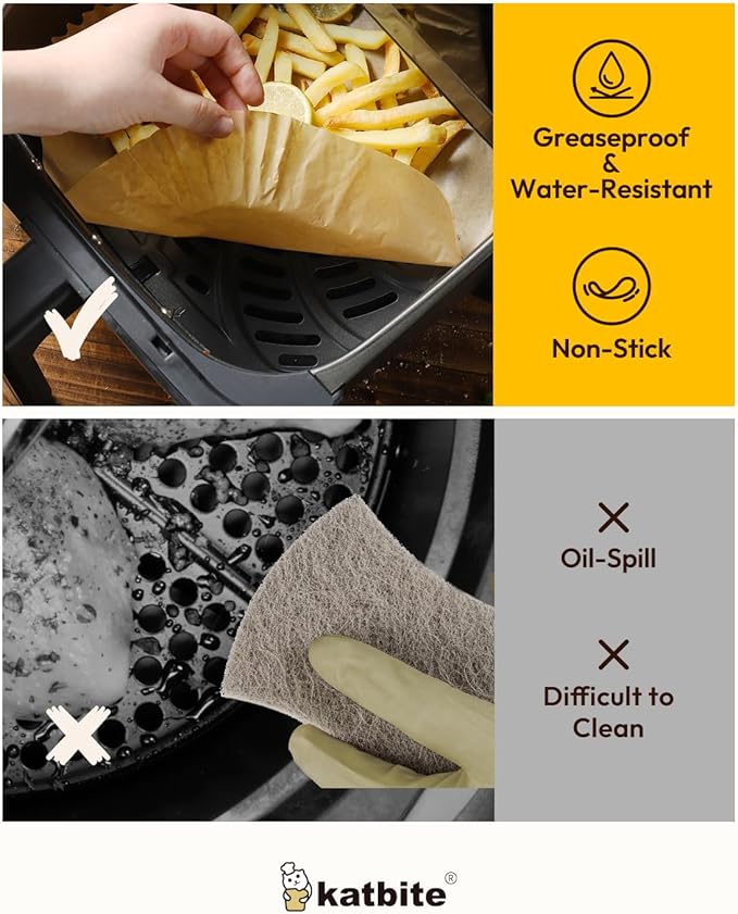 Katbite Air Fryer Liners Disposable - 8 inch Square Non-Stick Airfryer Paper Liners, Unbleached Parchment Paper for 5 to 8 Qt Basket, Frying, Baking, Cooking, Roasting, Easy Cleanup, 130pcs