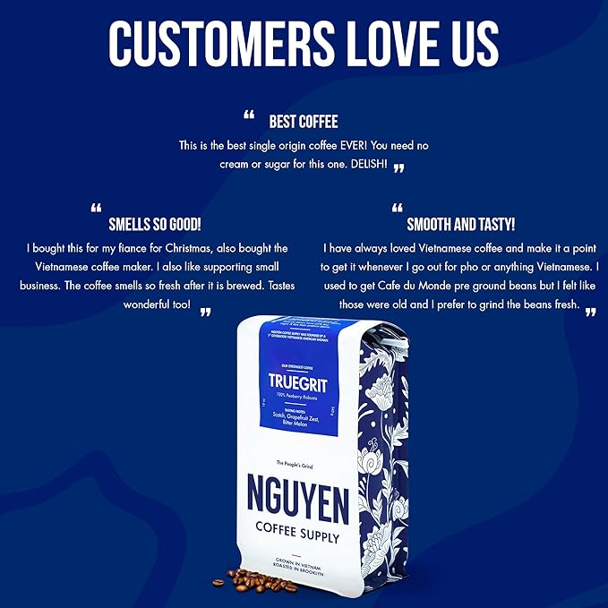 Nguyen Coffee Supply - Truegrit Robusta: Medium Roast Premium Whole Coffee Beans, Vietnamese Single Origin, Direct Trade, Low Acid with High Caffeine Content, Roasted in Brooklyn [12 oz Bag]