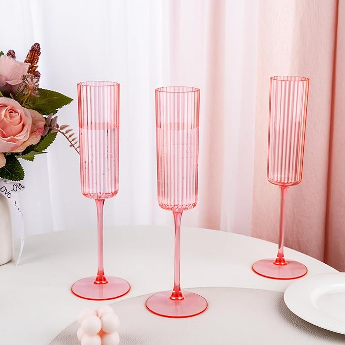 Ciaell 24 Pack Pink Plastic Champagne Flutes - 6oz Ribbed Disposable Champagne Glasses - Pink Vintage Mimosa Glasses with Long Stem, Elegant & Lightweight for Weddings and Party