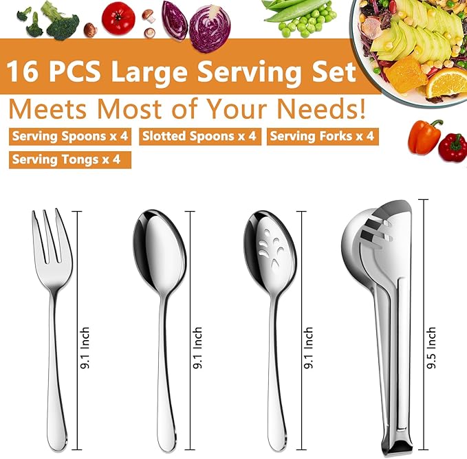 BEWOS Serving Utensils, 16-Piece Large Serving Set, 9.1??Serving Spoons, 9.1??Slotted Spoons, 9.1??Serving Forks, 9.5??Serving Tongs, Stainless Steel Serving Utensils Set for Parties, Dishwasher Safe