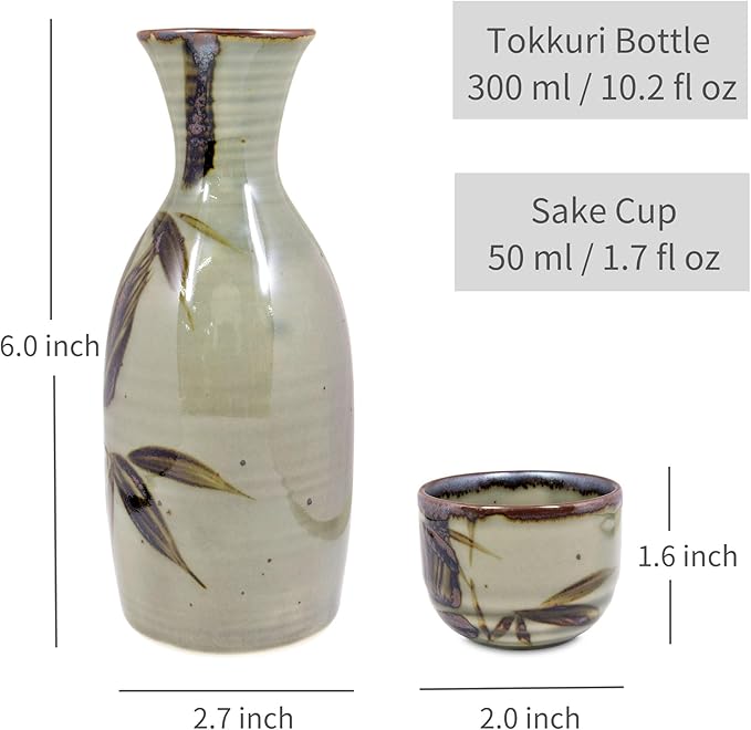 Product of Gifu Japan Japanese Sake Set, 1 Tokkuri Bottle Carafe and 4 Ochoko Cups Ceramic Sake Glasses, 5 Piece Set, Green Mashikodake