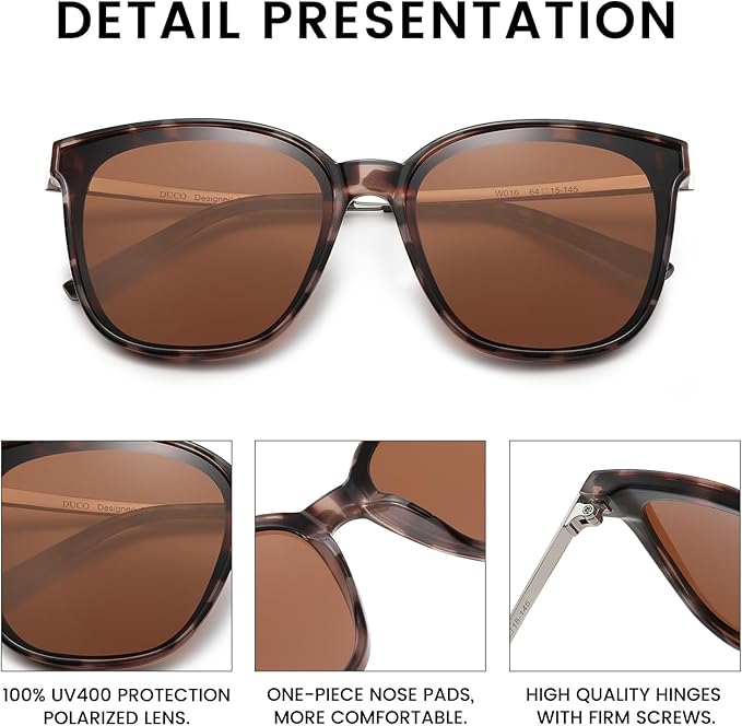 DUCO Oversized Polarized Sunglasses Womens Trendy Mirrored Shades Retro Round Vintage Light Weight UV400 Sun Glasses W016