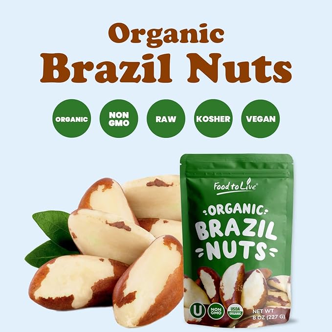 Food to Live Organic Brazil Nuts, 5 Pounds Non-GMO, Raw, Whole, No Shell, Unsalted, Kosher, Vegan, Keto, Paleo Friendly, Bulk, Trail Mix Snack, Good Source of Selenium, Low Sodium & Carb Food