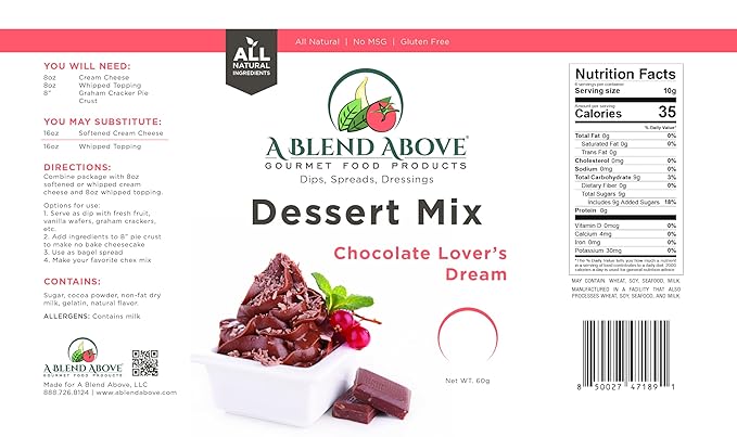 A Blend Above Chocolate Lover's Dream Pie Mix - No Bake, All Natural, Vegan, Gluten Free, No MSG - Instant Dessert Mix, Fruit Dip, Bagel Topping, Frosting, Cheesecake Filling - Makes 16 Oz (Pack of 3)