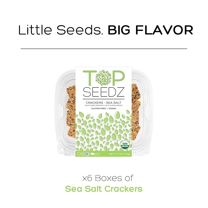 Top Seedz Certified Organic Gluten Free Sea Salt Seed Crackers | 6-Pack | 5 Ounces | Healthy Vegan Crackers with Plant Based Protein | Made of Sunflower, Flax, Sesame and Pumpkin Seed