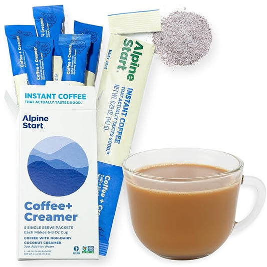 Alpine Start Instant Coffee Packets with Creamer Single Serve - Individual Latte Powder Mix from Arabica Coffee Beans with Non-Dairy Cream for Travel, Hiking, Backpacking (0.49 OZ) Box of 5 Sticks