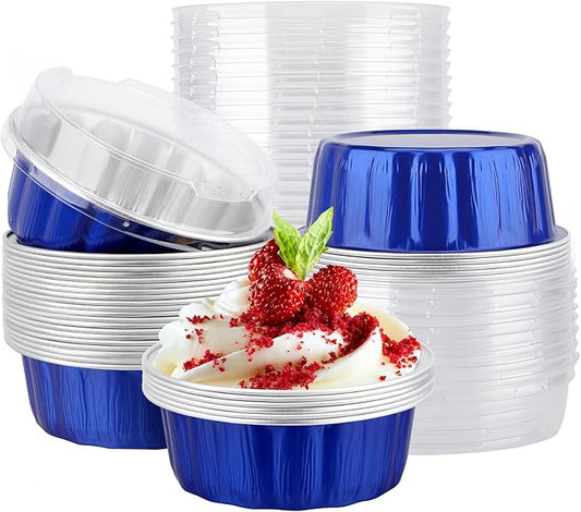 EUSOAR Aluminum Pans with Lids, 50pcs 9oz Dark Blue Disposable Ramekins with Lids, Cake Transport Container Bakery Cheesecakes Muffins Pie Round Holders for Wedding Birthday Theme Party