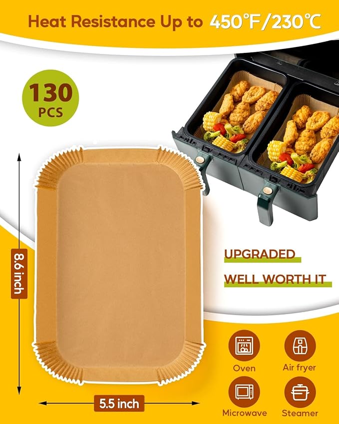 Katbite Air Fryer Liners Disposable - 8.6x5.5'' 130PCS Rectangle Paper Liners, Thick Airfryer Parchment Paper Liners for Dual Air Fryer, DZ201, DZ401, FG551