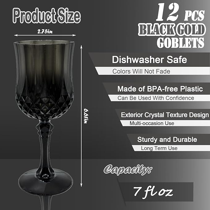 12 PCS Black Plastic Wine Glasses，Cordial Glasses，Goblets，Can be Used for Weddings, Everyday Fun Parties and More!