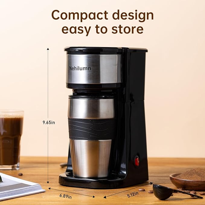 Single serve one cup drip coffee maker 14 oz,with personal travel cup,auto shut off function,Reusable Filter,Black and Silver