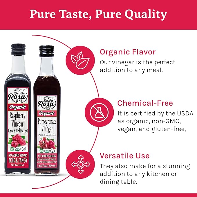De La Rosa Organic Raspberry & Pomegranate Vinegar, Raw & Unfiltered, Vegan, Gluten Free & Kosher, Great for Organic Salad Dressing and Marinades, 100% Pure Vinegars 16.9 Oz (Pack of 2)