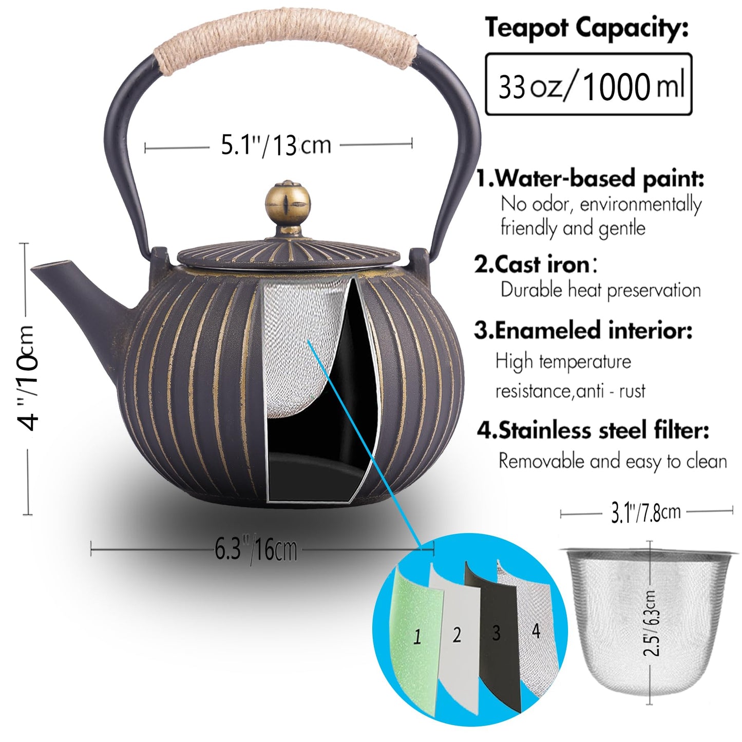 KalraMay Cast Iron Teapot 40oz Infuser, Black Gold Stripe Enamel Lining