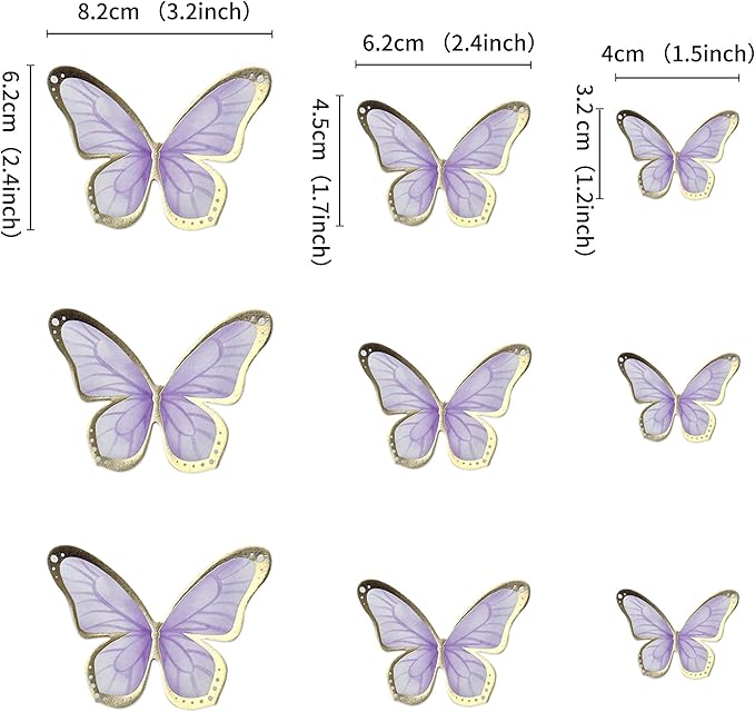 30pcs Purple Gold Edge Mixed Size Lively 3D Waterproof Butterfly Cupcake Topper for Girls Women's Happy Birthday Wedding Party Cake Wall Party Food Decorations