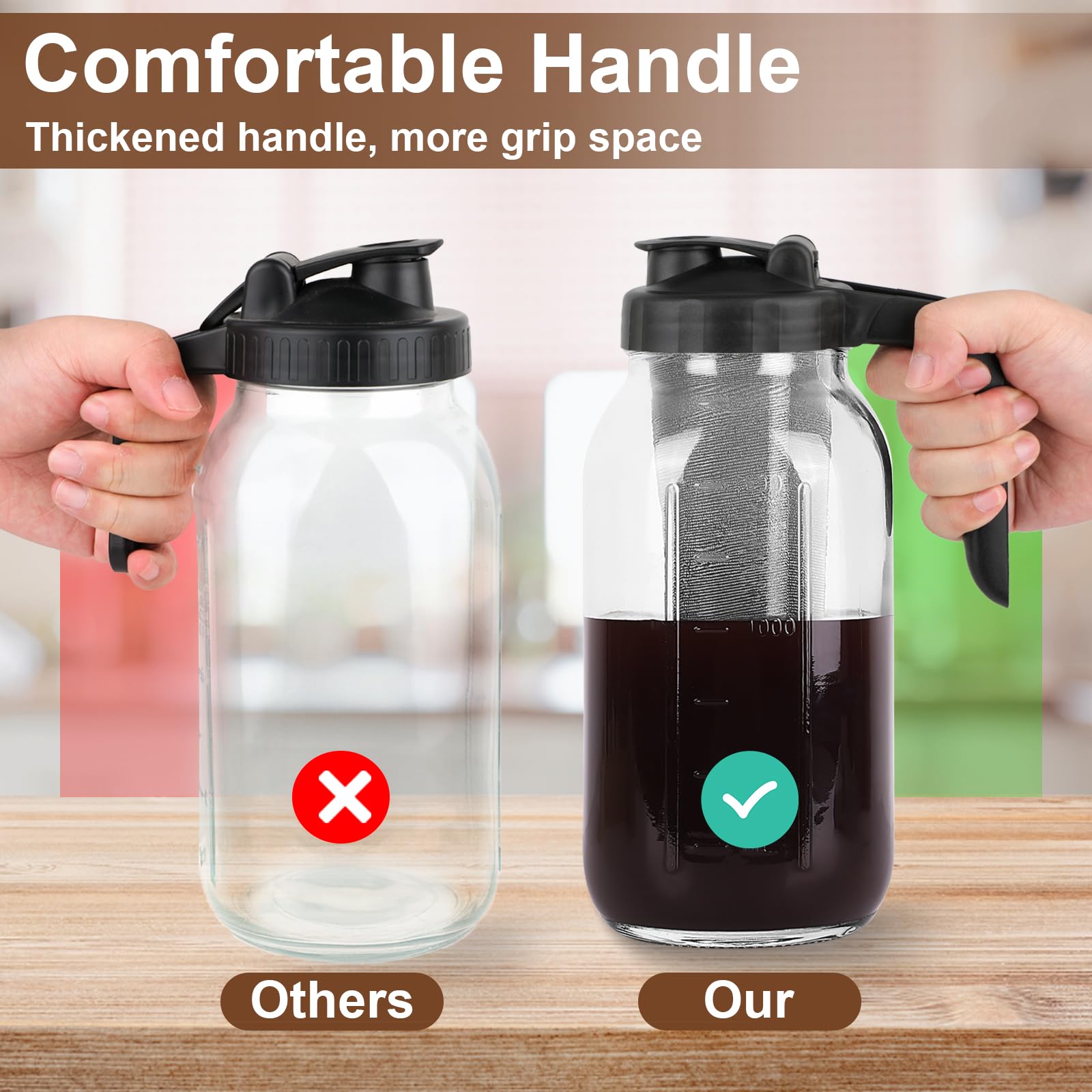 Cold Brew Coffee Maker Pitcher, 64 Oz Heavy Duty Glass Mason Jar Pitcher with V-shaped Pour Spout