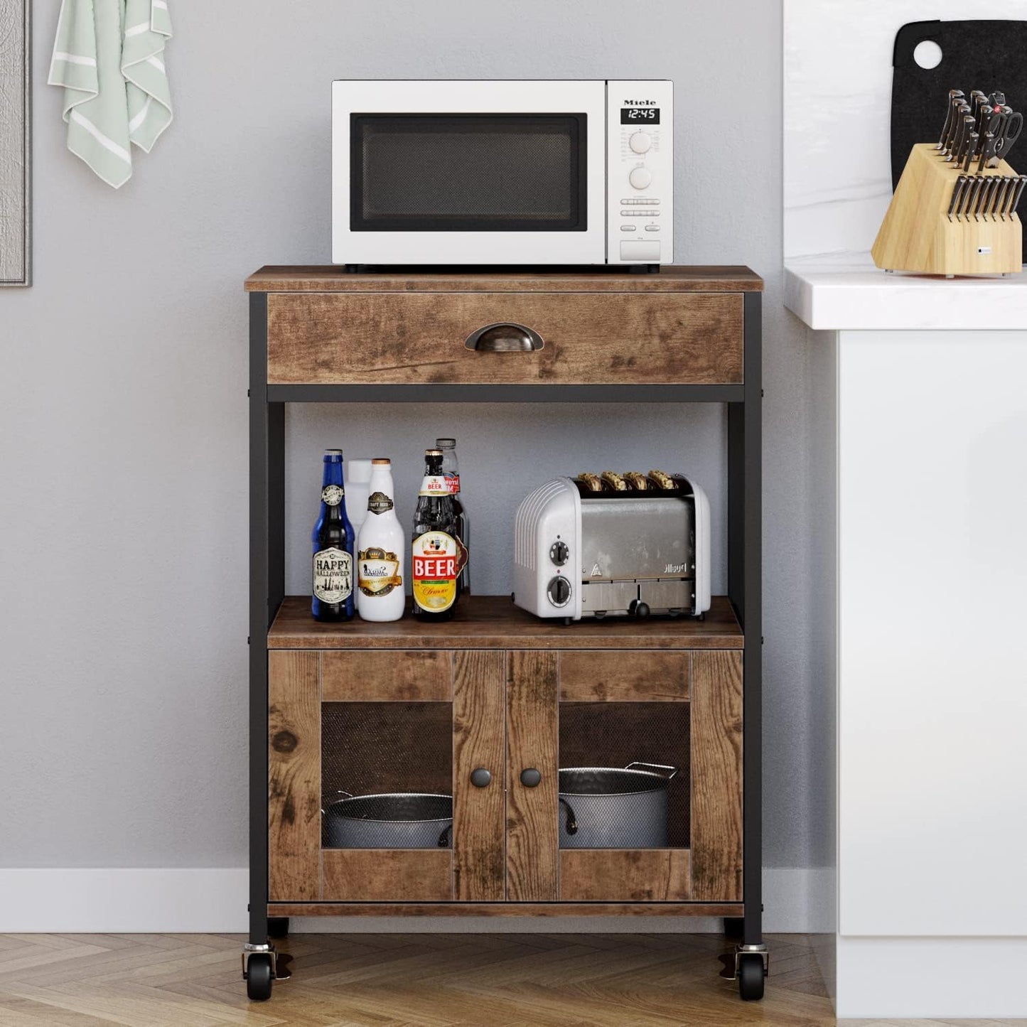 Catrimown Coffee Bar Cart Cabinet,3 Tier Coffee Station Table on Wheels,Coffee Cart with Storage