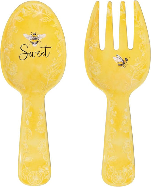 UPware Sweet Bee Melamine Salad Servers, Serving Utensil Set, Includes Serving Fork and Spoon for Tossing Salad, Pasta, Yellow, 10.75 Inch, Set of 2