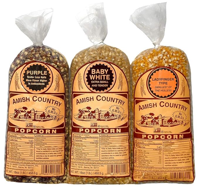 Amish Country Popcorn | Variety Bundles - 3 (1 Lb Bags - Baby White, Ladyfinger, Purple Kernels) | Old Fashioned, Non-GMO and Gluten Free