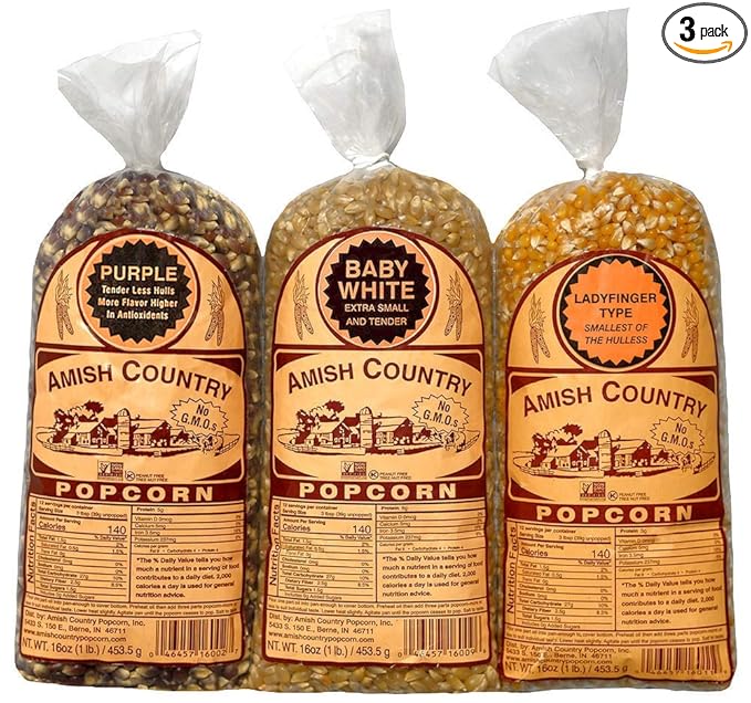 Amish Country Popcorn | 3-1 lb Bags | 1 lb Baby White, 1 lb Ladyfinger, and 1 lb Purple Popcorn Kernels Variety Pack | Old Fashioned, Non-GMO and Gluten Free (3-1 lb Bags)