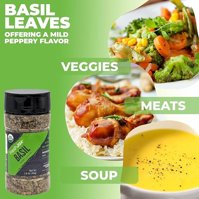 FreshJax Organic Basil Leaves (1.6 oz BPA-FREE Bottle) Non GMO, Gluten Free, Kosher, Keto, Paleo, No Preservatives Dried Basil Leaves | Handcrafted in Handcrafted in Jacksonville