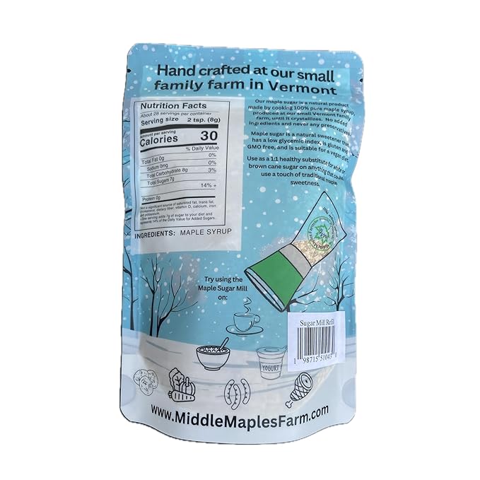 Vermont Pure Organic Coarse Maple Sugar from Middle Maples Farm, 8oz resealable pouch, Use as Sprinkles, Perfect for Toppings or Refilling the Maple Sugar Mill, Product of USA, Non-GMO, No Preservatives, Vegan