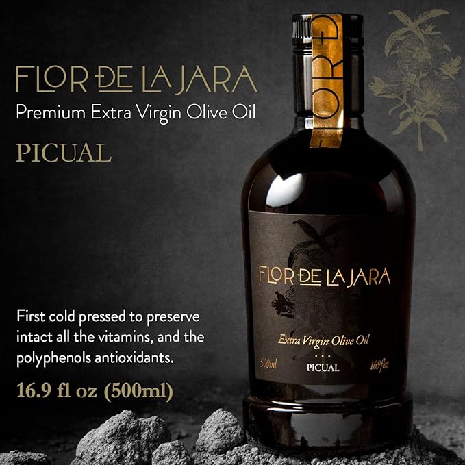 FLOR DE LA JARA Premium Extra Virgin Olive Oil from Spain, First Cold Pressed, Polyphenol-Rich, Monovarietal Picual, Hand-Harvested Olives, Family-Owned Grove, Low acidity (0,1%), 16.9 fl oz (500ml)