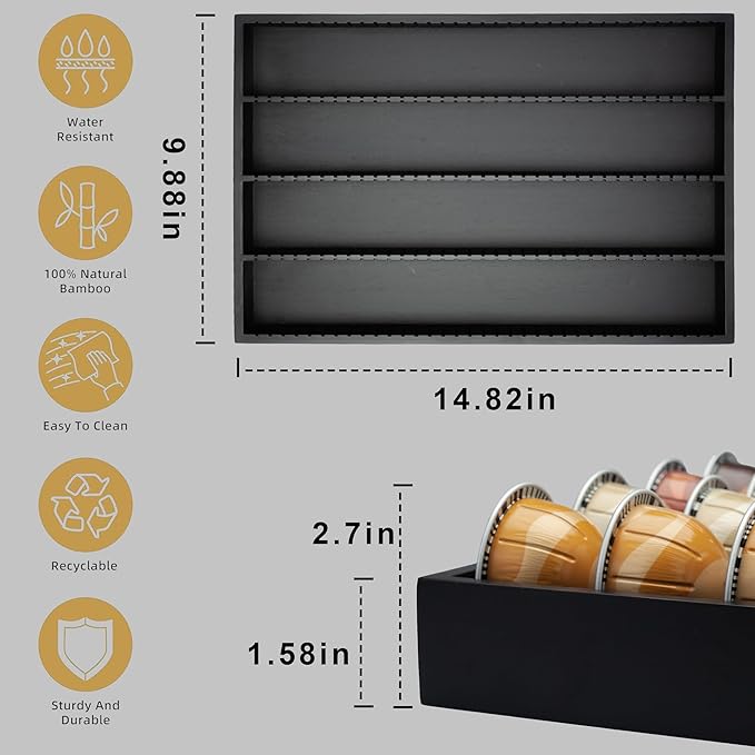 MinBoo Bamboo Coffee Pod Storage Holder Drawer Insert for Counter Compatible with Vertuoline Capsules for Kitchen, Home, Office, Coffee Station,Black