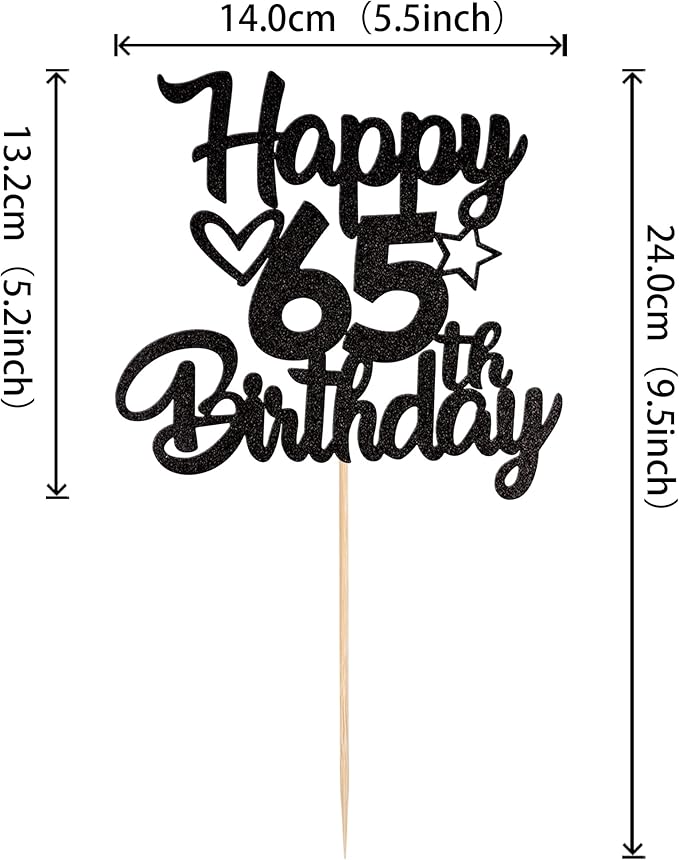 1 Pack Happy 65th Birthday Cake Topper Glitter Heart Star 65 Fabulous Cake Pick Birthday Sign Cake Decorations for Children 65th Birthday Theme Party Supplies Black