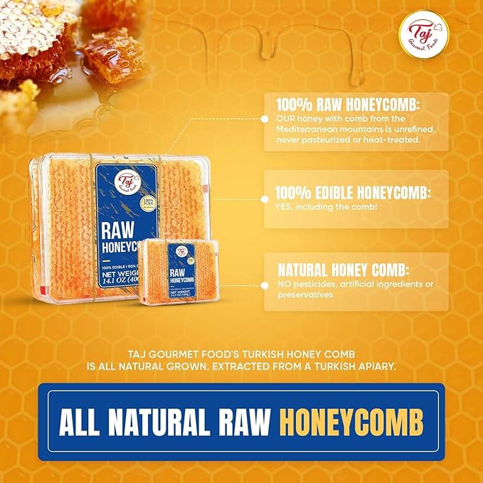Great Bazaar All natural Raw Honeycomb 100% Honey Pure Turkish Raw Honey Comb - Honey Combs Raw Edible - Honey With Honeycomb 400g (14.10oz)