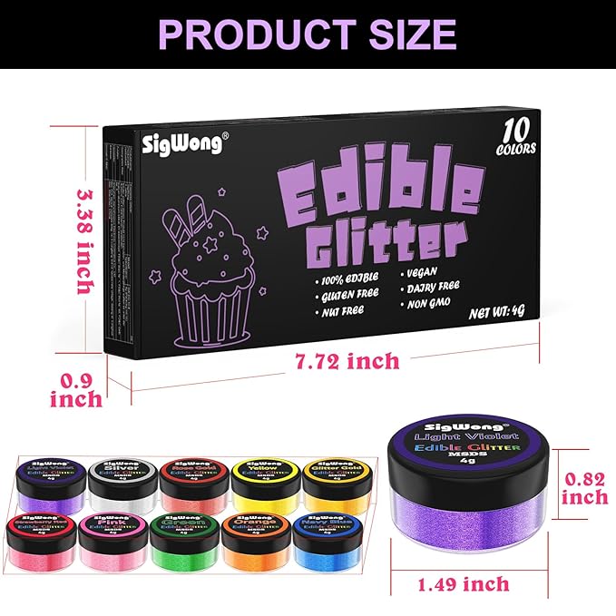 Edible Glitter - 10 Colors Luster Dust Edible Set for Drinks, Food Grade Edible Glitter Dust for Cake Decorating, Cocktail, Fondant, Strawberries, Candy, Cookie, Chocolate. Vegan and Gluten Free - 4g/bottle